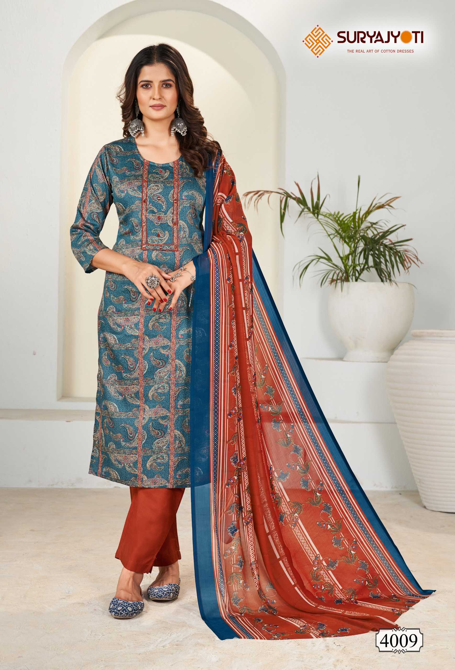 suryajyoti  karishma vol 4  cotton print neck work readymade big size kurtii pant dupatta collection 