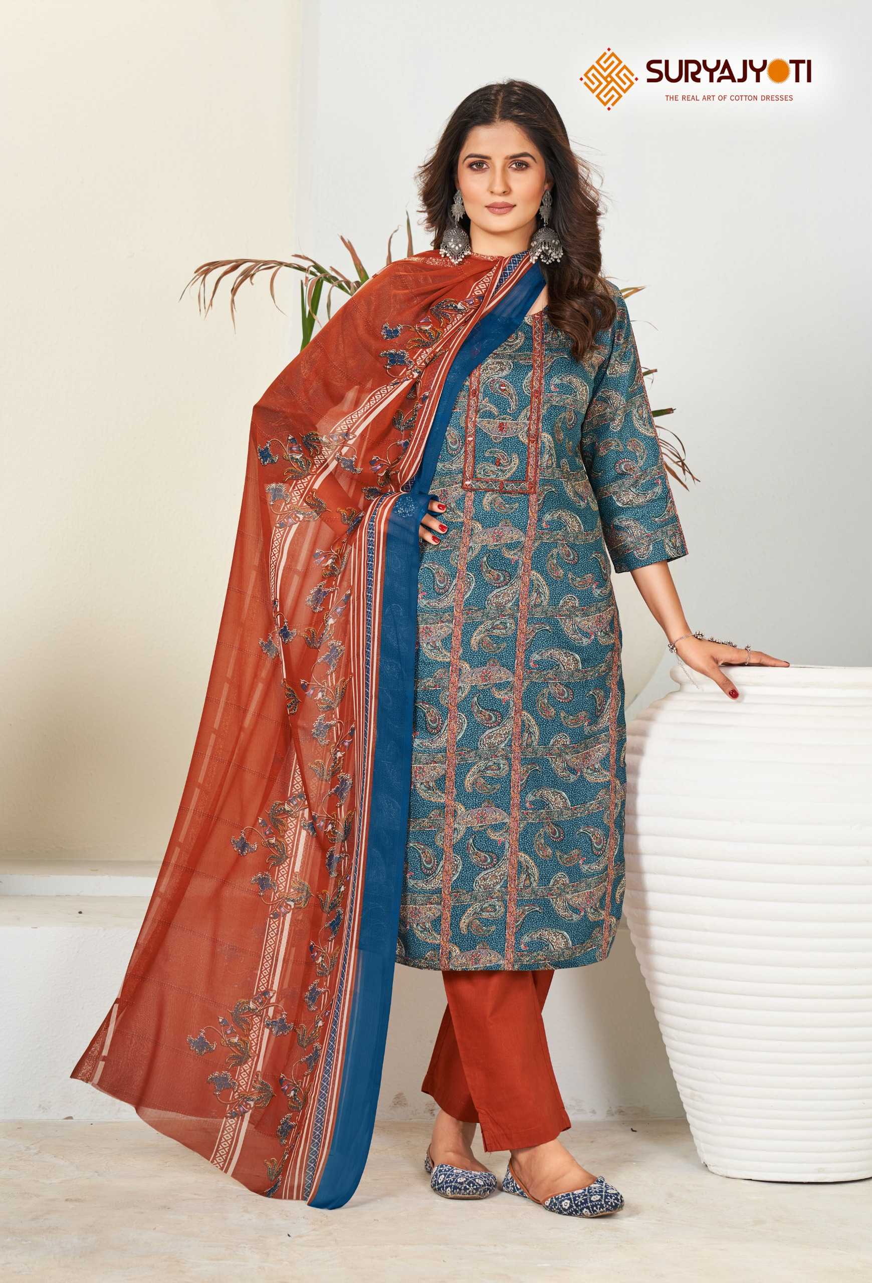 suryajyoti  karishma vol 4  cotton print neck work readymade big size kurtii pant dupatta collection 