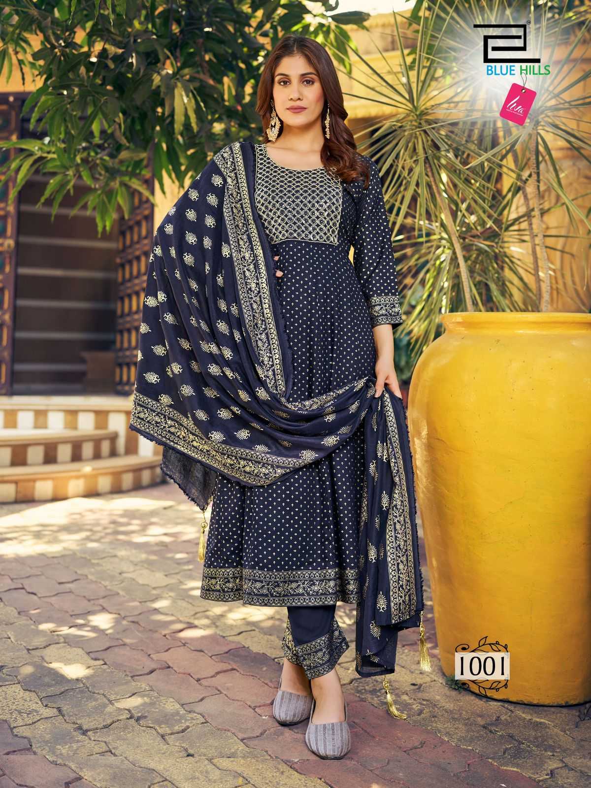 blue hills meera nx stylish rayon readymade dori with thread work big size kurti pant dupatta 