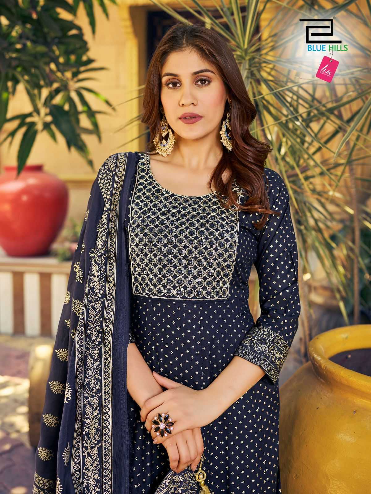 blue hills meera nx stylish rayon readymade dori with thread work big size kurti pant dupatta 