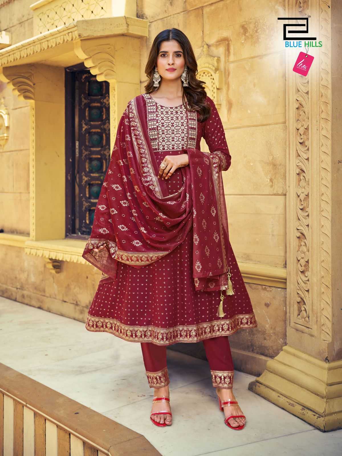 blue hills meera nx stylish rayon readymade dori with thread work big size kurti pant dupatta 