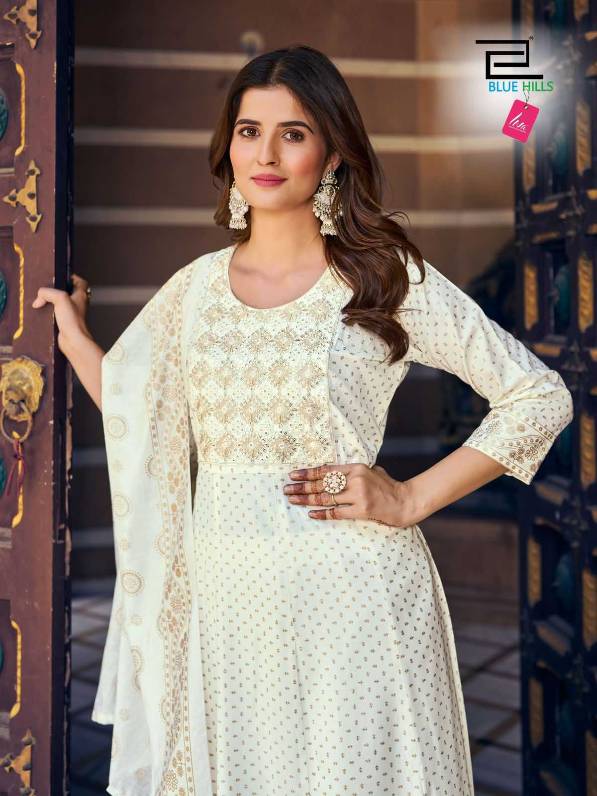 blue hills meera nx stylish rayon readymade dori with thread work big size kurti pant dupatta 