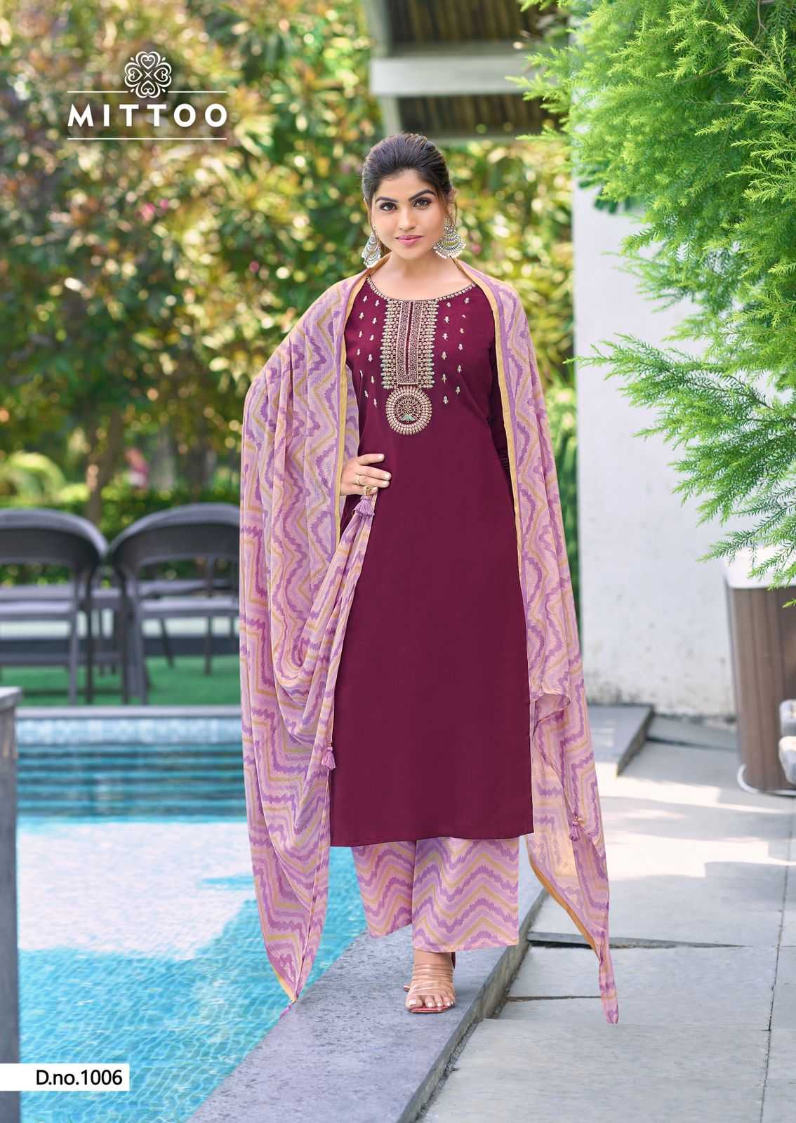 samreen by mittoo heavy rayon thread & handwork full stitch big size top pant dupatta exports