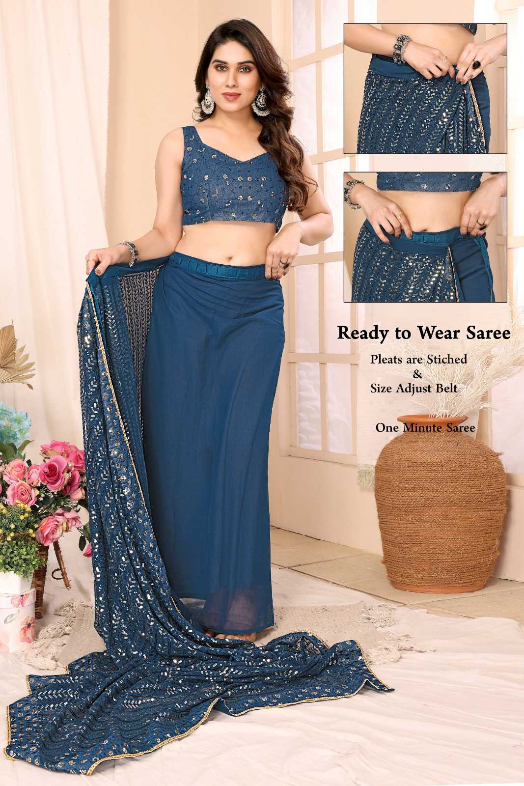 pr reshma most beautiful georgette classiy stitch pleats size adjust belt one minute saree
