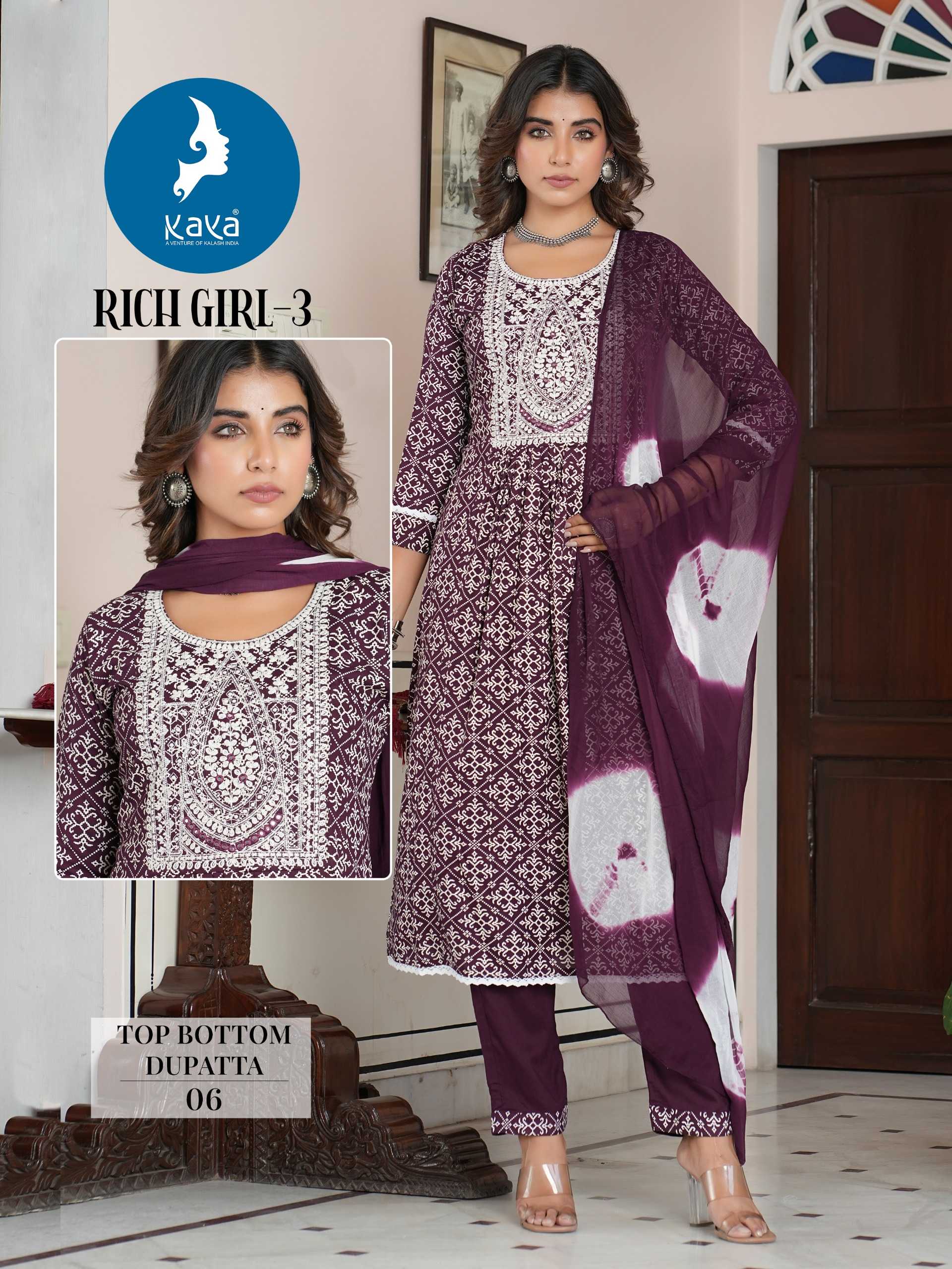 rich girl vol 3 by kaya full stitch super hit design big size kurti pant with dupatta collection