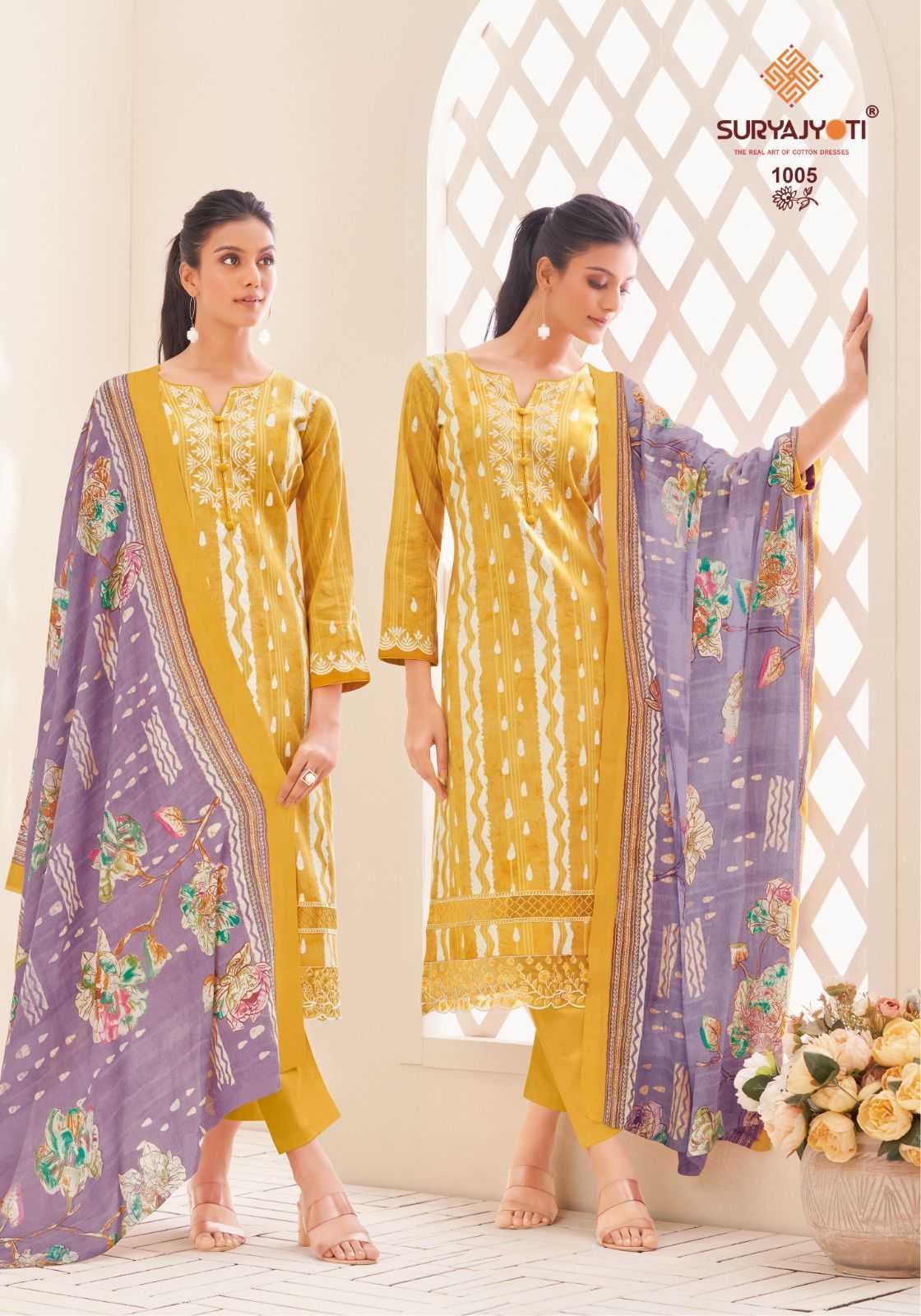 premila vol 1 by suryajyoti latest design cotton print embroidery border 3pcs dress