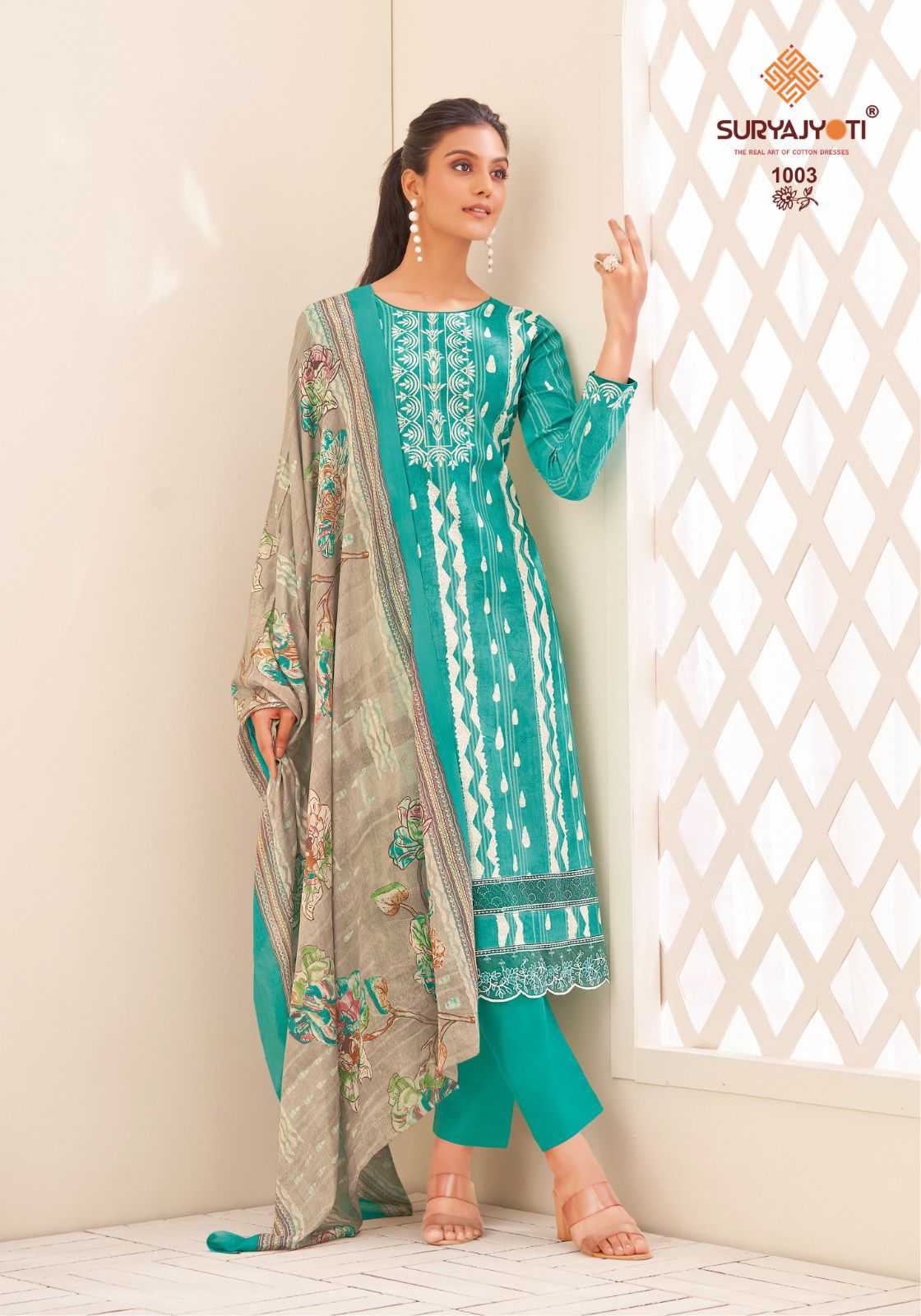 premila vol 1 by suryajyoti latest design cotton print embroidery border 3pcs dress