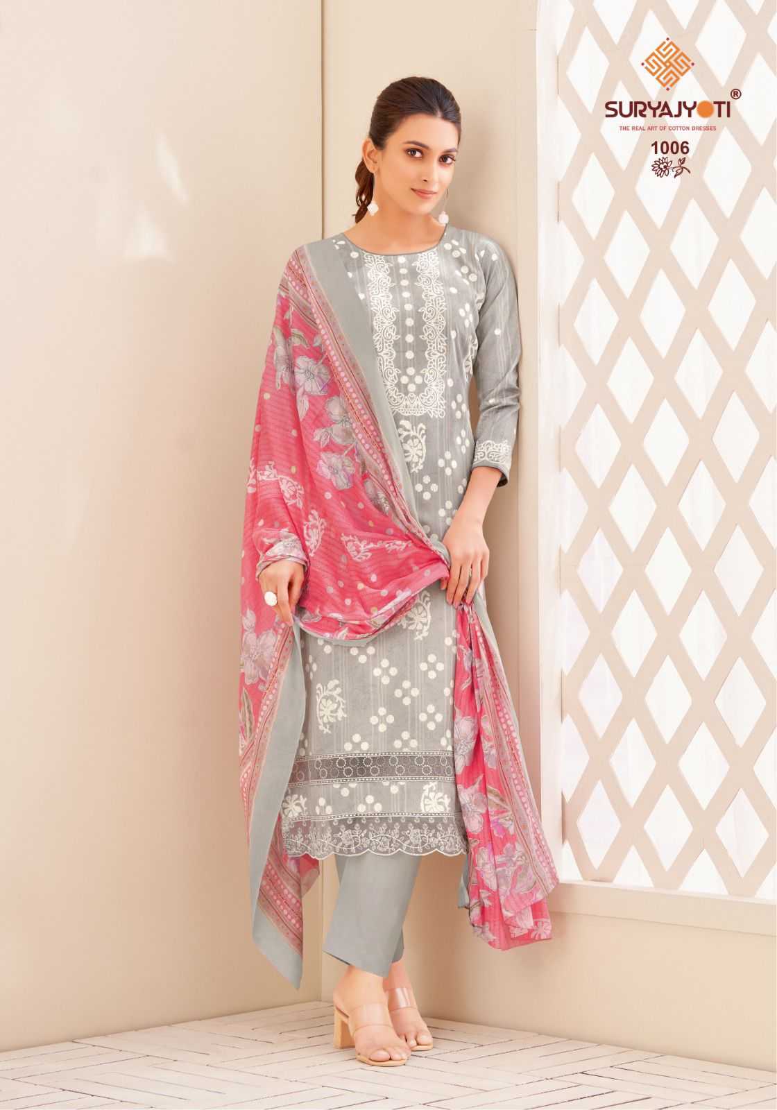 premila vol 1 by suryajyoti latest design cotton print embroidery border 3pcs dress