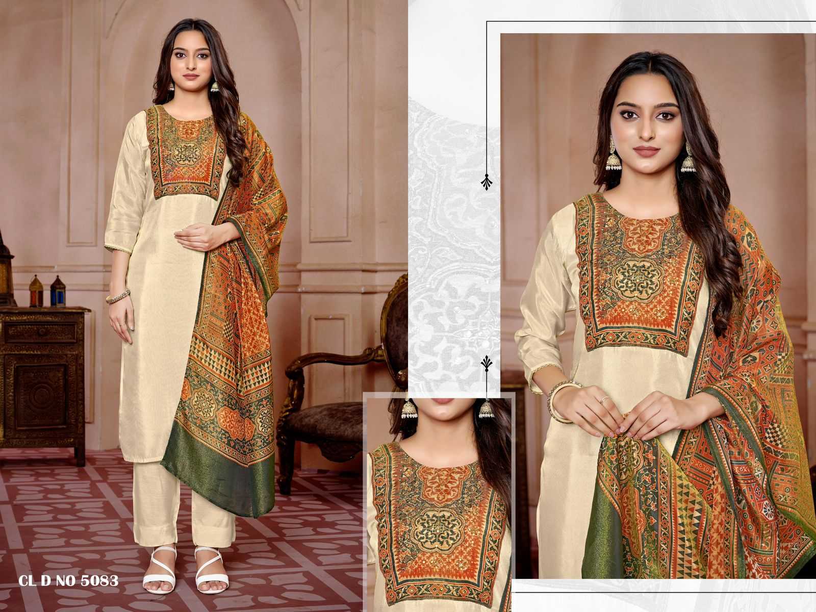 colorx 5057 to 5059 & 5082 to 5084 gold tissu fancy casual wear full stitch 3pcs dress