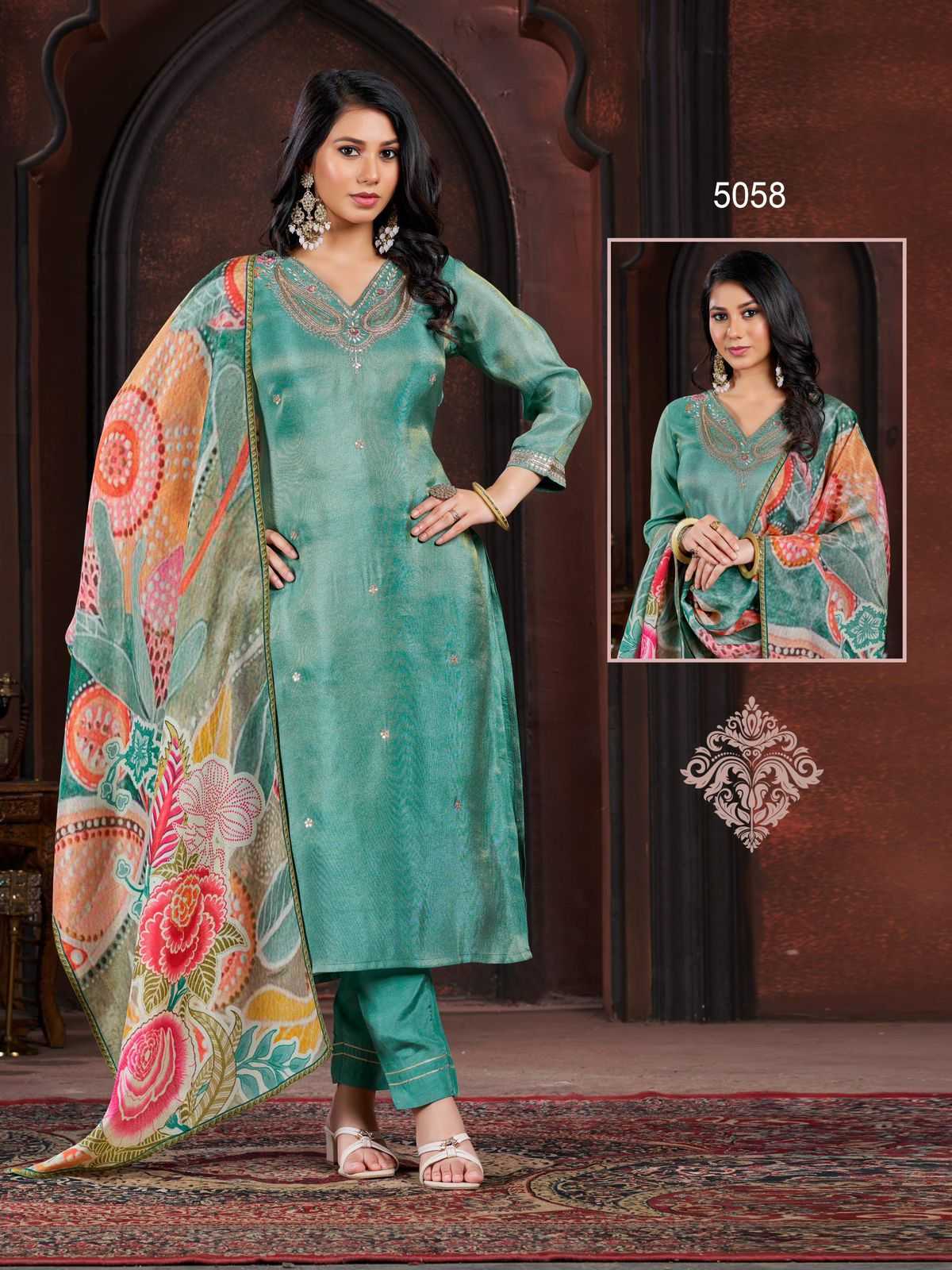 colorx 5057 to 5059 & 5082 to 5084 gold tissu fancy casual wear full stitch 3pcs dress