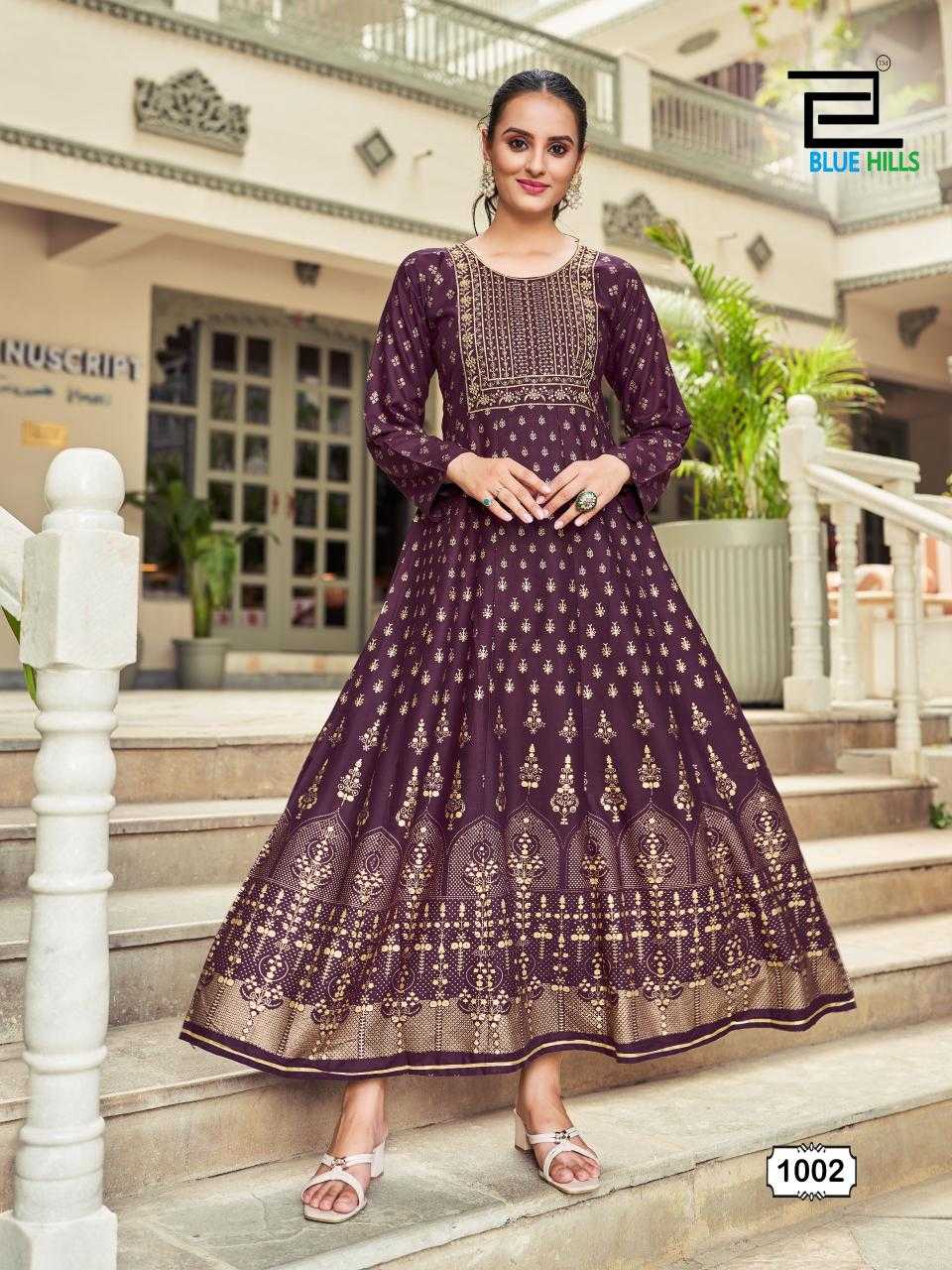 blue hills inaya neck work stylish look fully stitch big size anarkali gown  