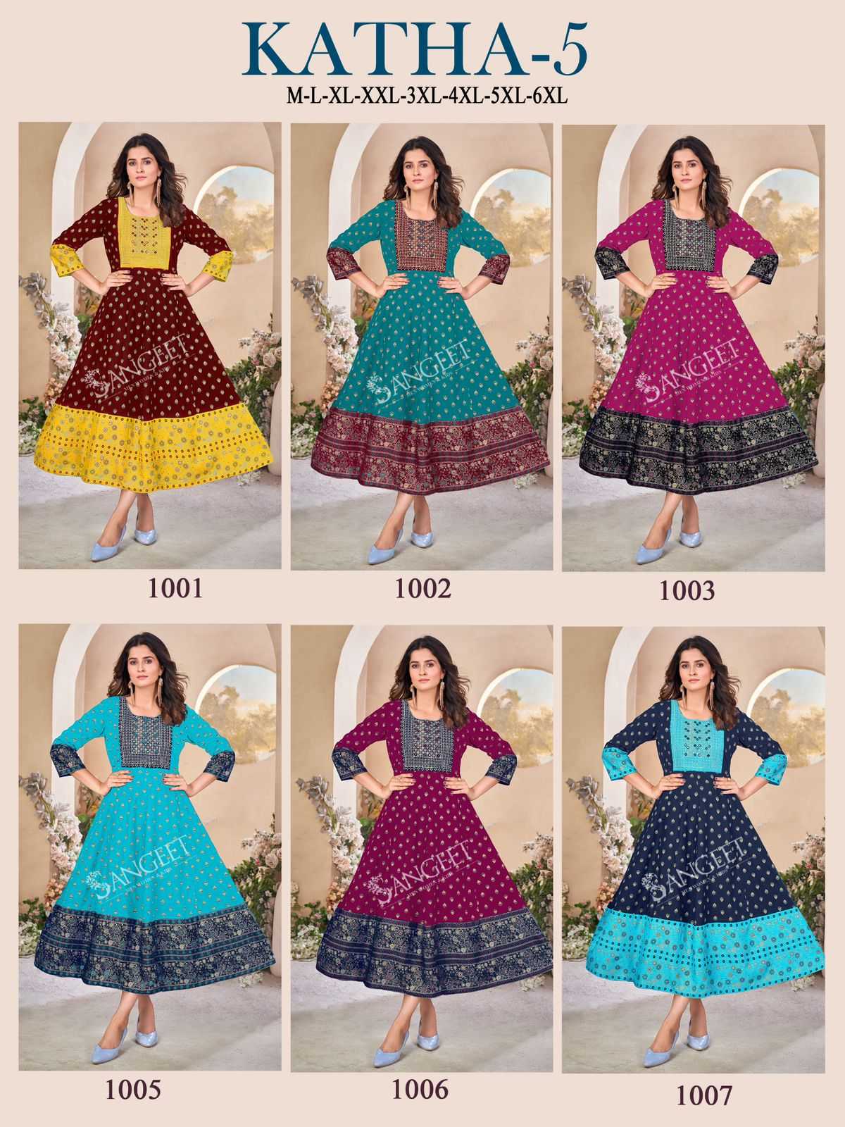 pr katha vol 5 rayon unique colour gold sequence work full stitch big size frock style kurti 