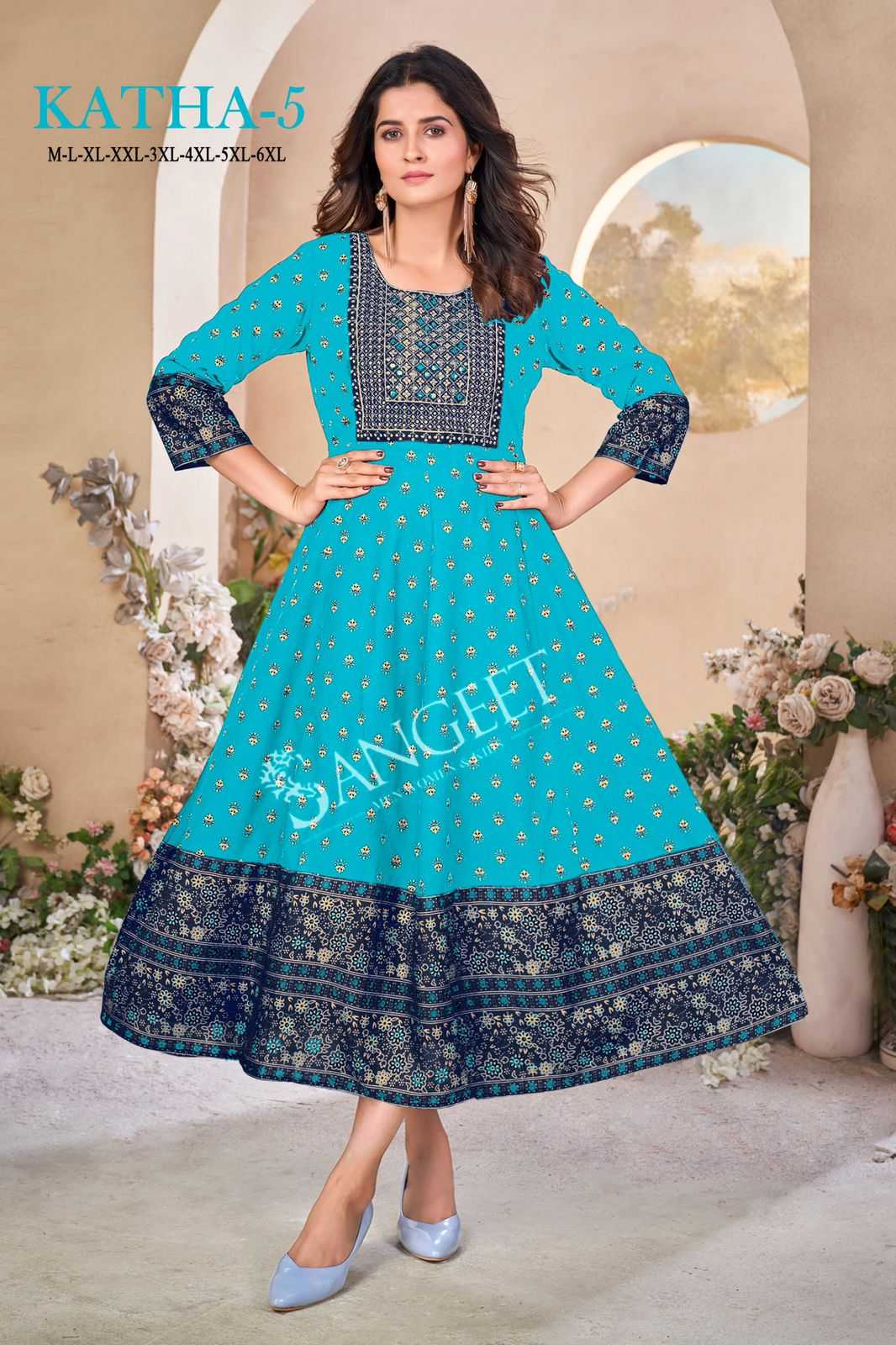 pr katha vol 5 rayon unique colour gold sequence work full stitch big size frock style kurti 