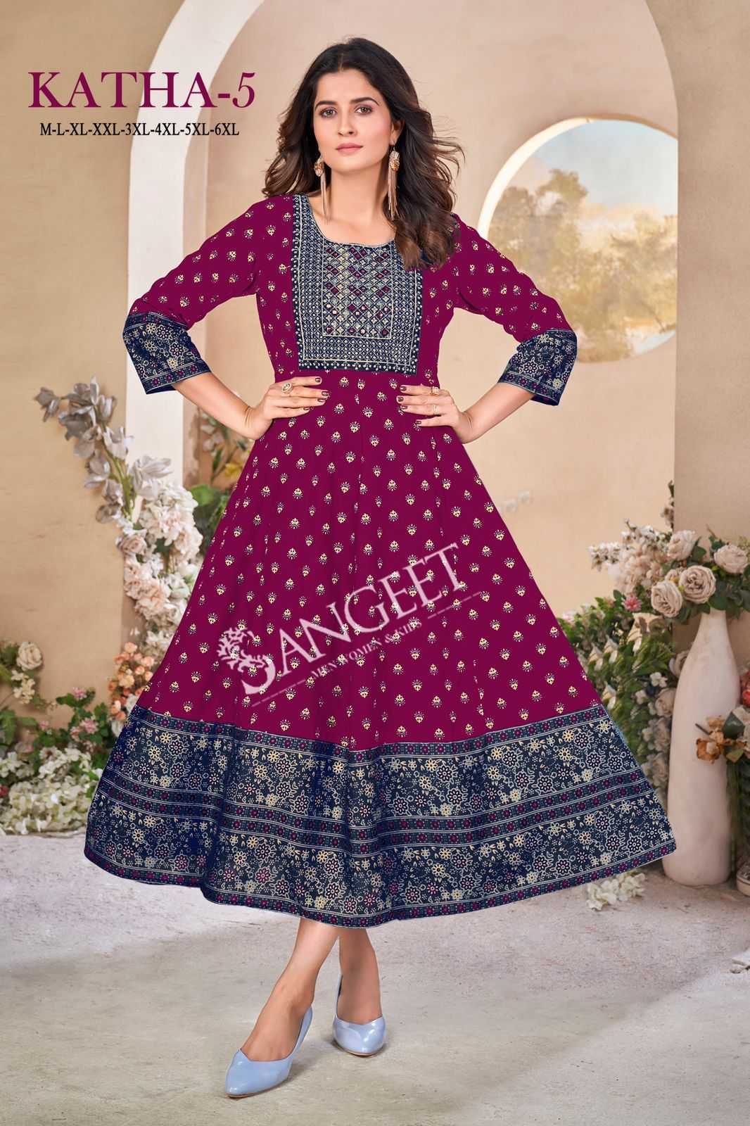 pr katha vol 5 rayon unique colour gold sequence work full stitch big size frock style kurti 