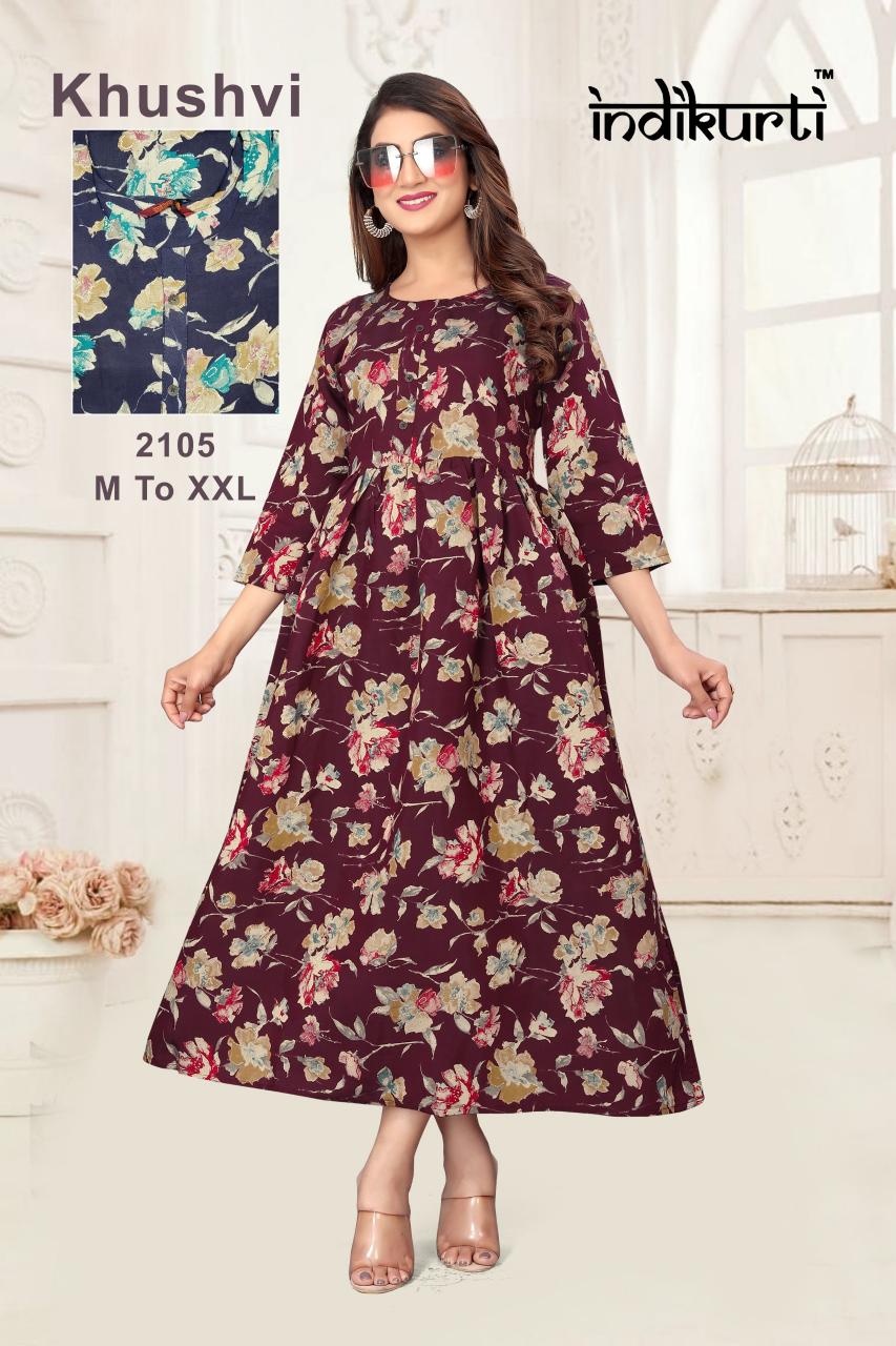 khushvi by indikurti full stitch ghera foil print pv modal ladies long dress