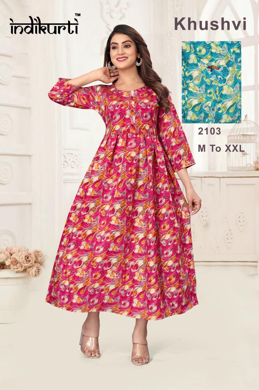 khushvi by indikurti full stitch ghera foil print pv modal ladies long dress