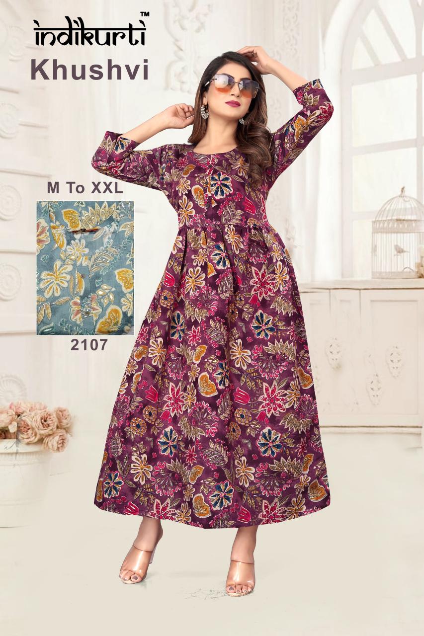khushvi by indikurti full stitch ghera foil print pv modal ladies long dress