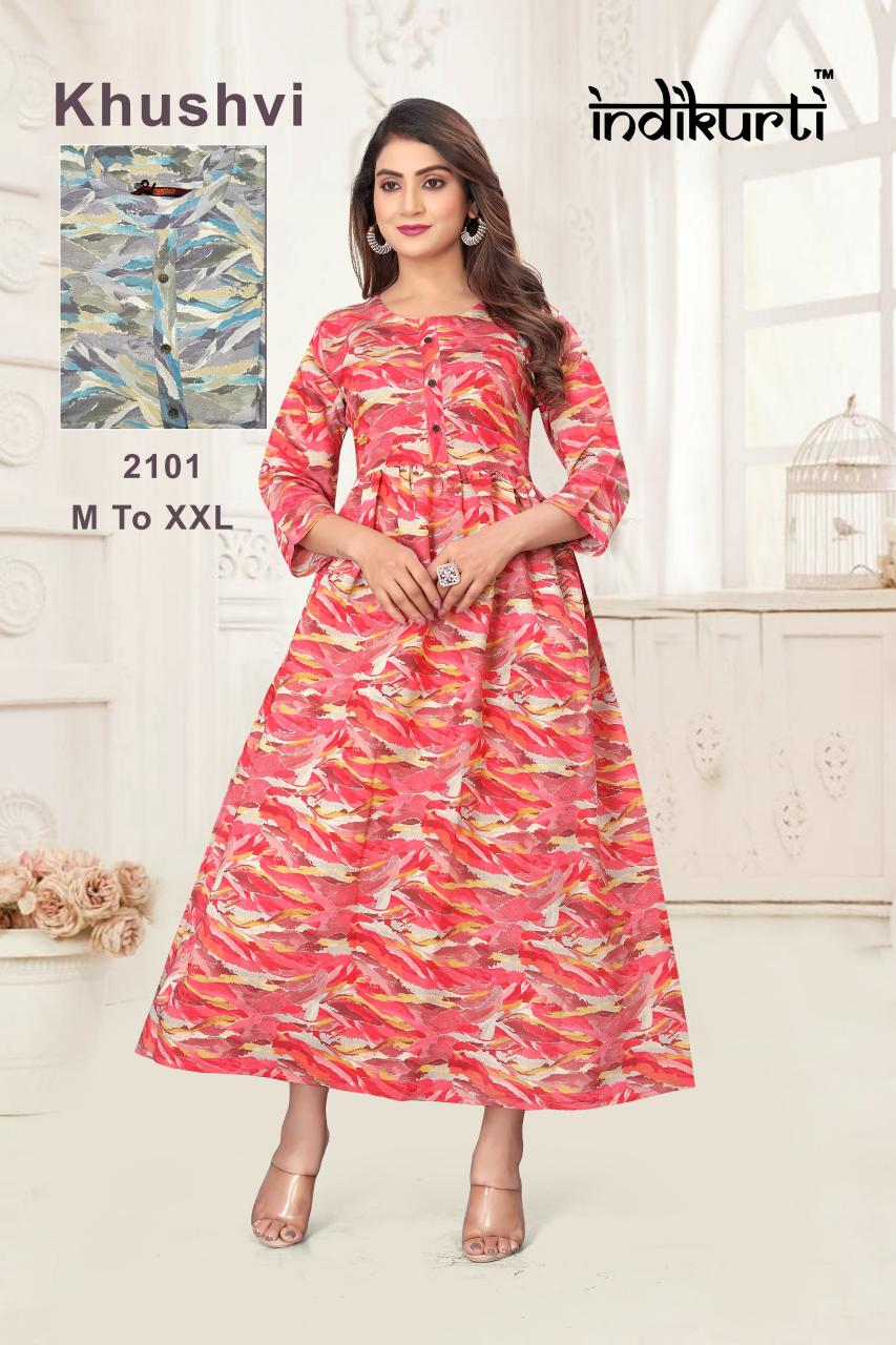 khushvi by indikurti full stitch ghera foil print pv modal ladies long dress