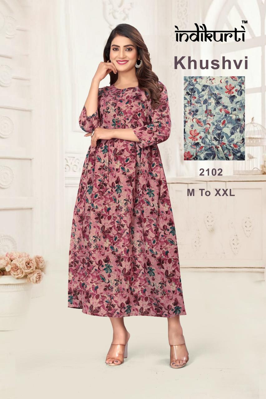 khushvi by indikurti full stitch ghera foil print pv modal ladies long dress