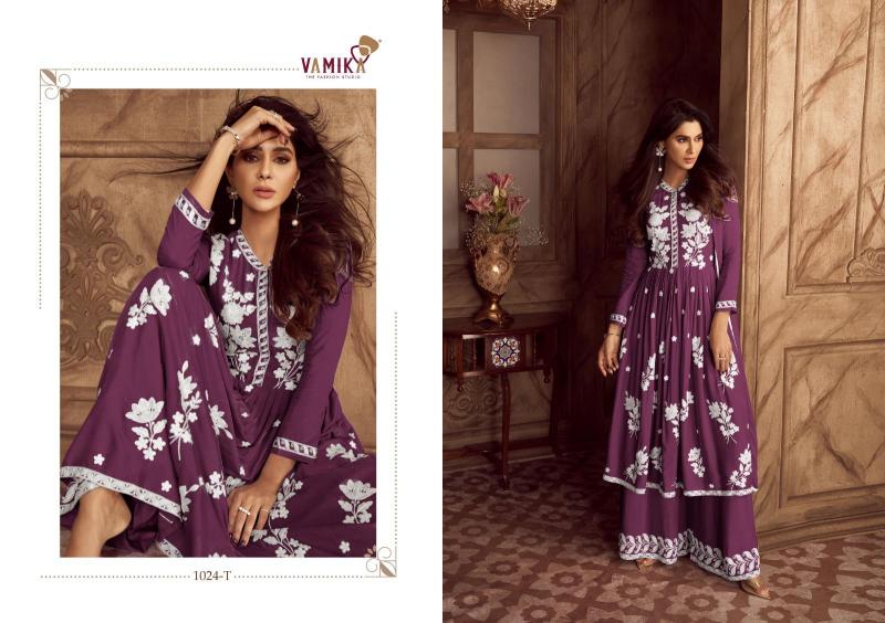 lakhnavi vol 4 by vamika fullstitch heavy rayon plazzo style ladies suits
