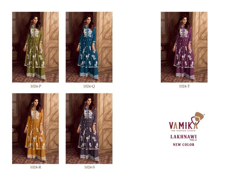 lakhnavi vol 4 by vamika fullstitch heavy rayon plazzo style ladies suits