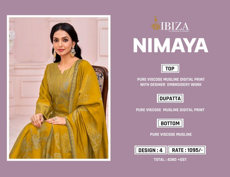 nimaya vol 1 by ibiza viscose muslin unique colours dress material exports 