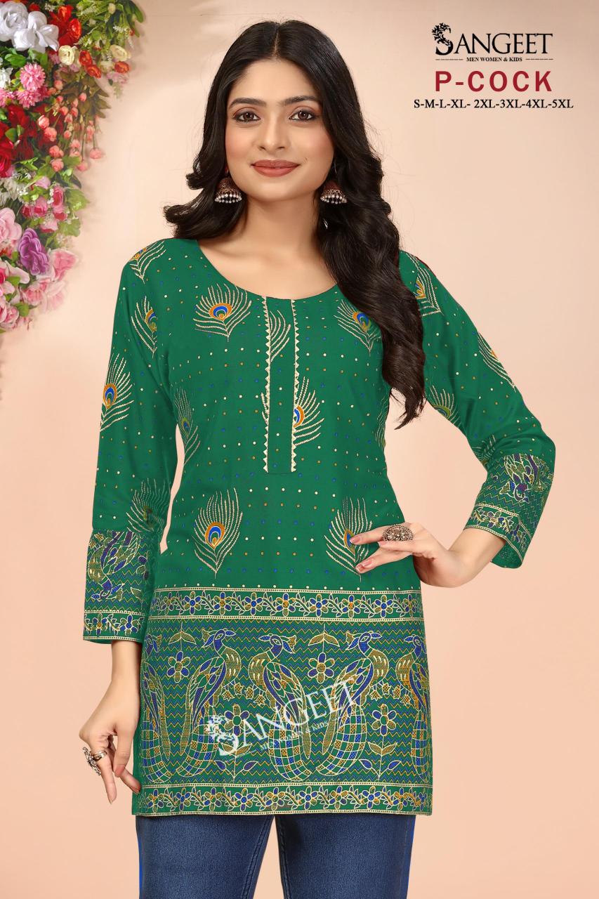 pr p-cock hi design rayon gold full stitch plus size short kurtis exports 