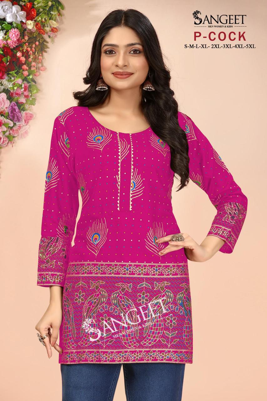 pr p-cock hi design rayon gold full stitch plus size short kurtis exports 