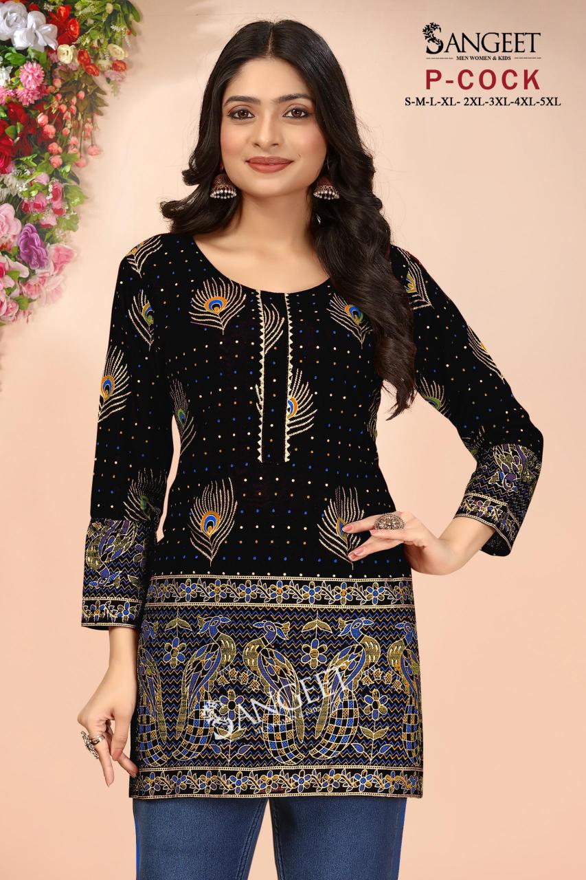 pr p-cock hi design rayon gold full stitch plus size short kurtis exports 