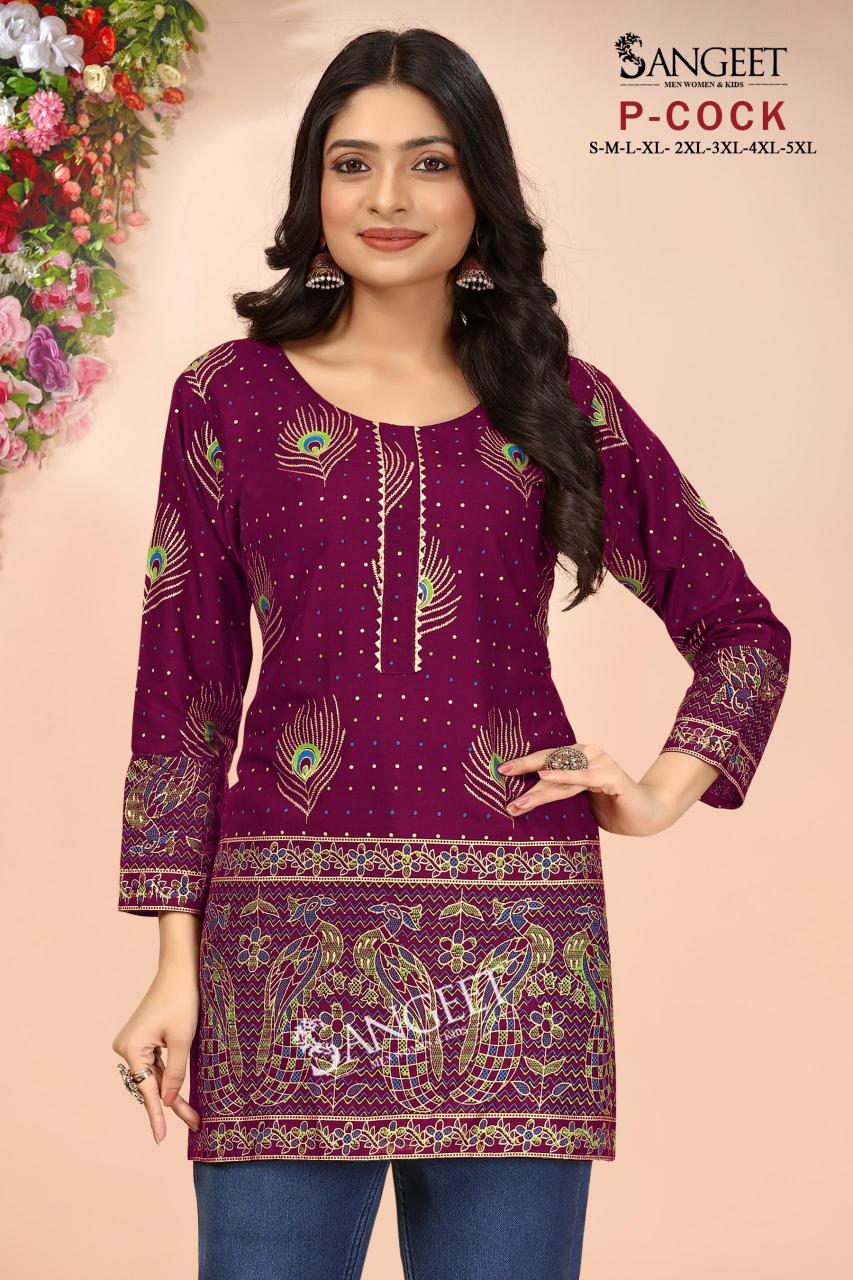 pr p-cock hi design rayon gold full stitch plus size short kurtis exports 