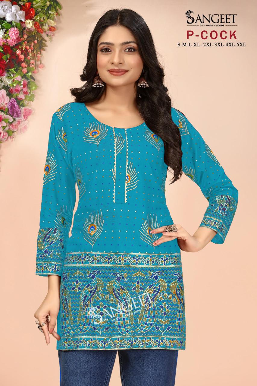 pr p-cock hi design rayon gold full stitch plus size short kurtis exports 