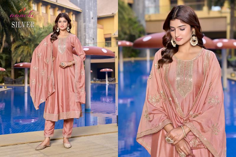 aanchi silver vichitra silk fully stitch modern salwar suit set online 