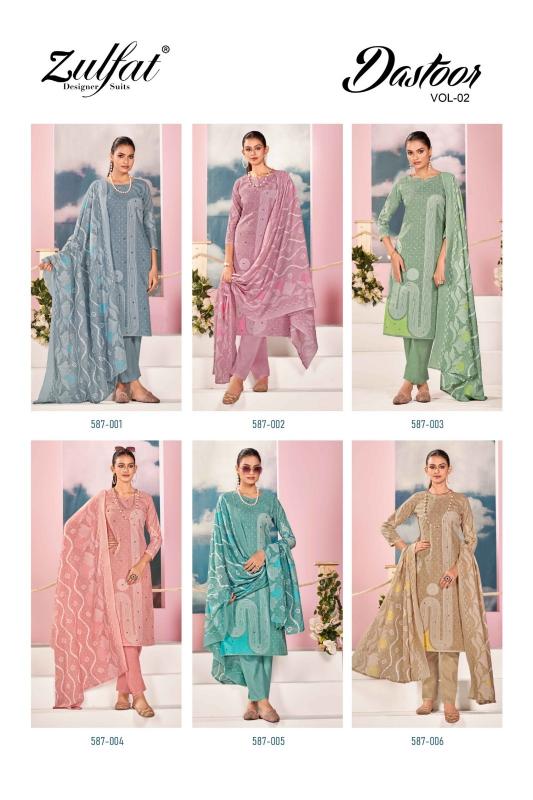 zulfat designer dastoor vol 2 cotton full stitch unique colours plus size 3pcs dress