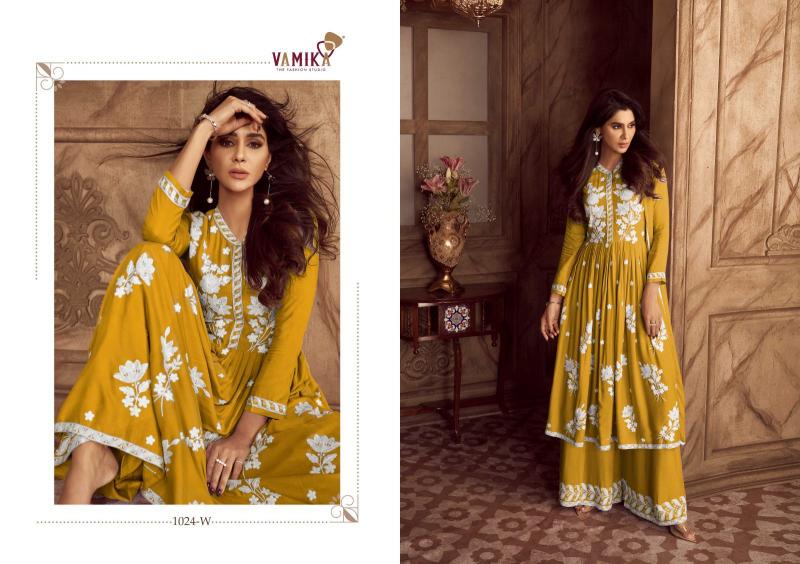vamika lakhnawi vol 4 hit color rayon party wear full stitch plazzo style dress