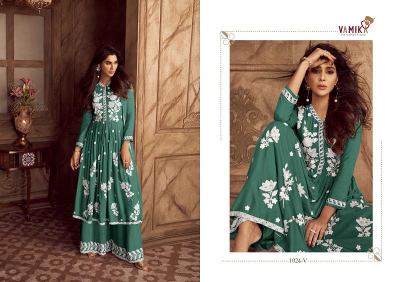 vamika lakhnawi vol 4 hit color rayon party wear full stitch plazzo style dress