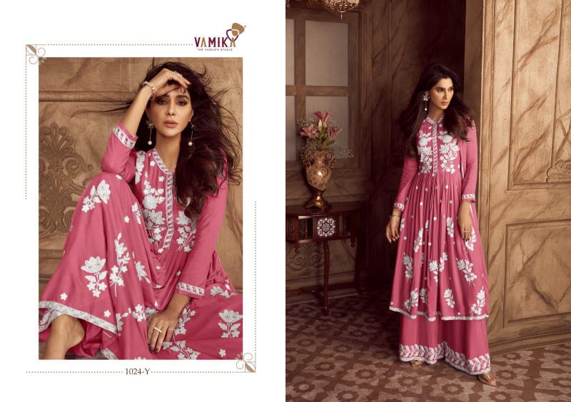 vamika lakhnawi vol 4 hit color rayon party wear full stitch plazzo style dress
