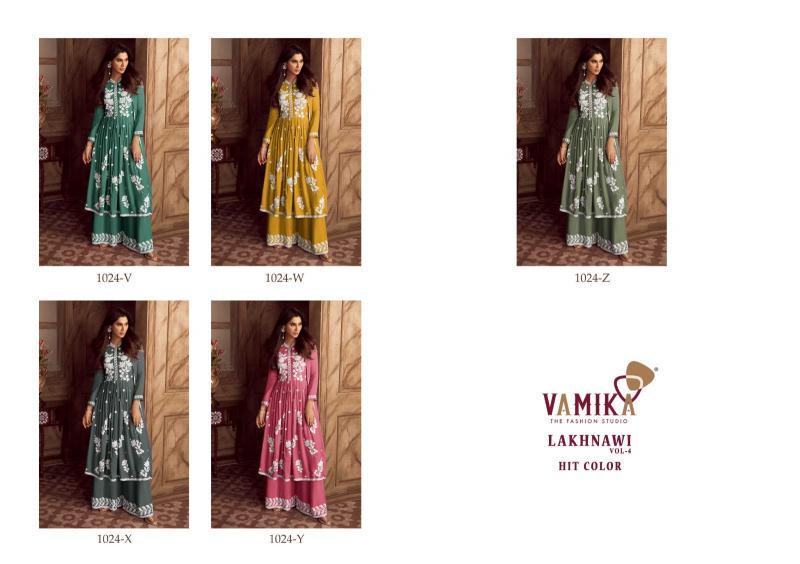 vamika lakhnawi vol 4 hit color rayon party wear full stitch plazzo style dress