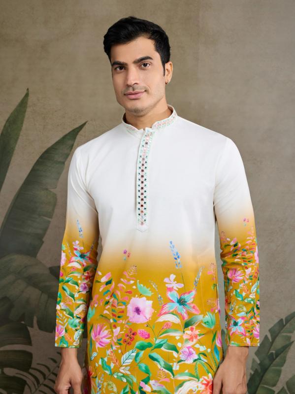 yellow color by shubhvastra attractive look full stitch mens kurta 
