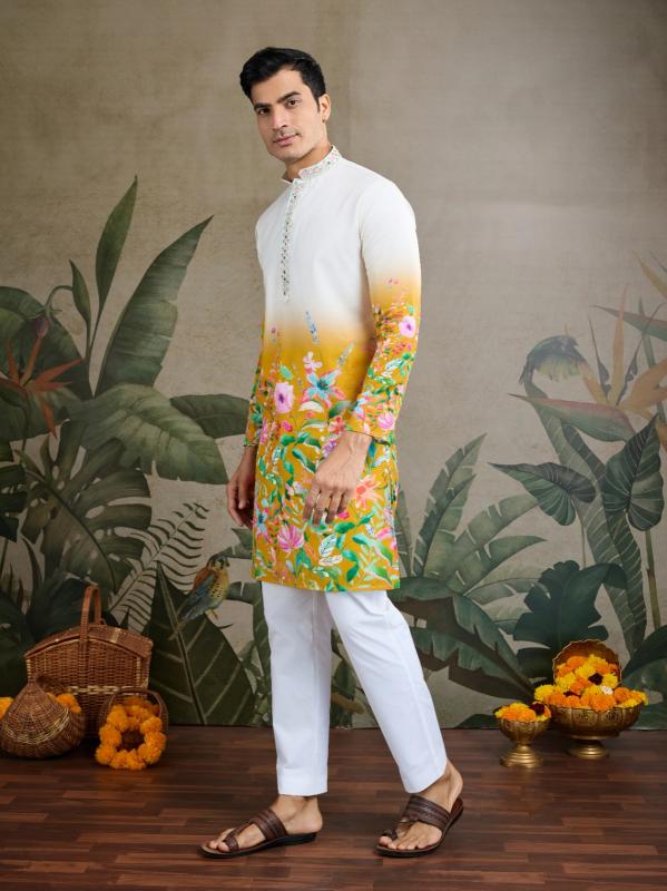 yellow color by shubhvastra attractive look full stitch mens kurta 