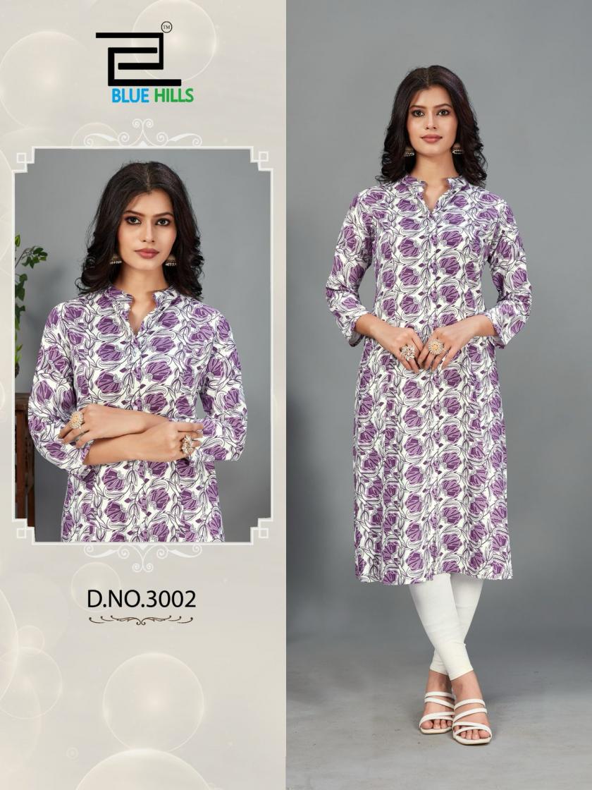 blue hills maher vol 3 rayon stylish full stitch plus size long kurtis 
