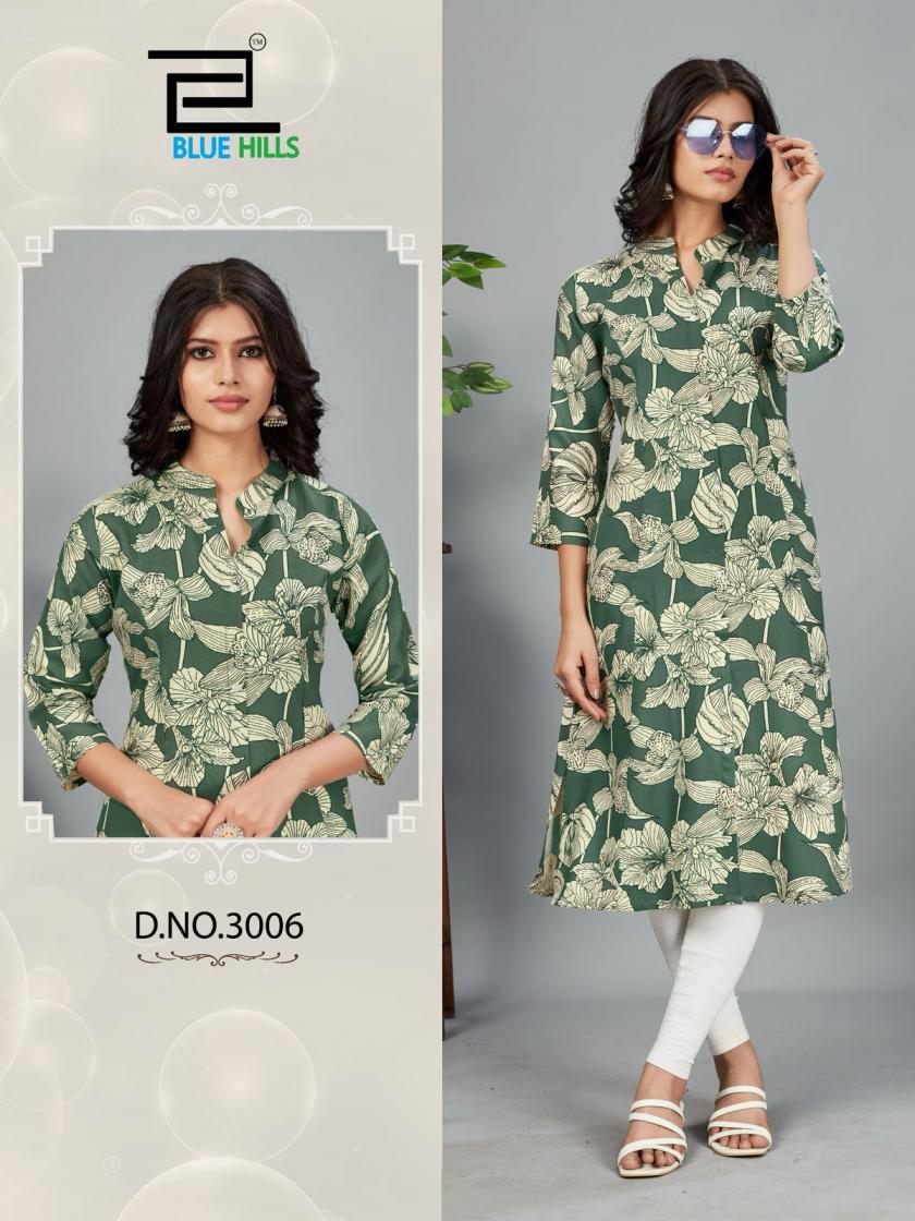 blue hills maher vol 3 rayon stylish full stitch plus size long kurtis 