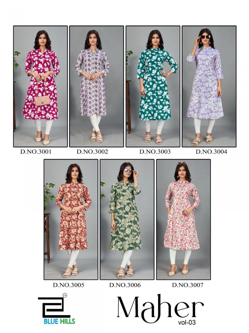 blue hills maher vol 3 rayon stylish full stitch plus size long kurtis 