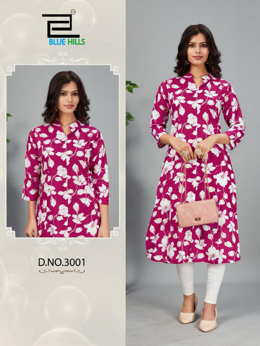 blue hills maher vol 3 rayon stylish full stitch plus size long kurtis 
