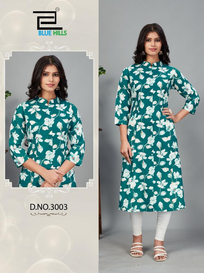 blue hills maher vol 3 rayon stylish full stitch plus size long kurtis 