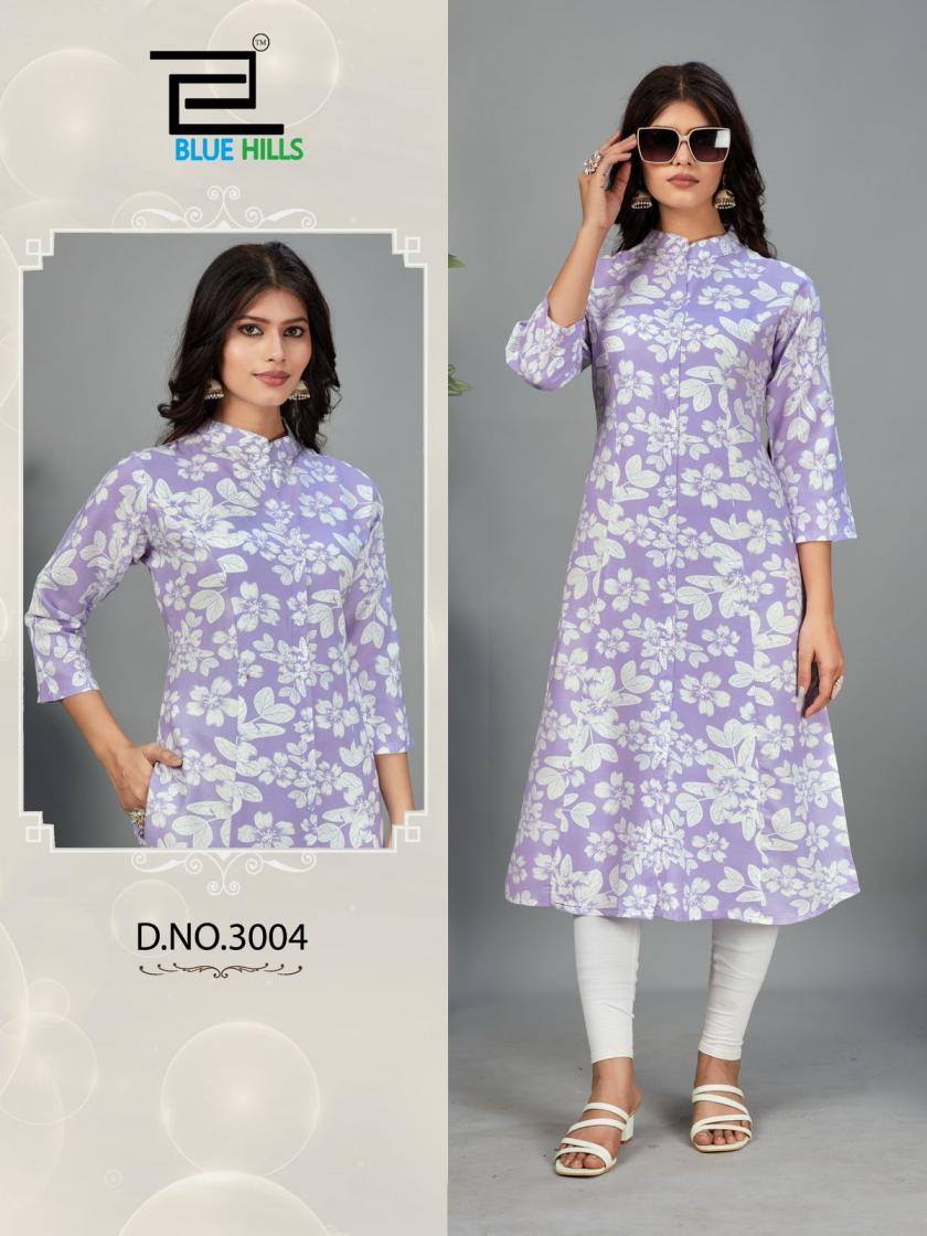 blue hills maher vol 3 rayon stylish full stitch plus size long kurtis 