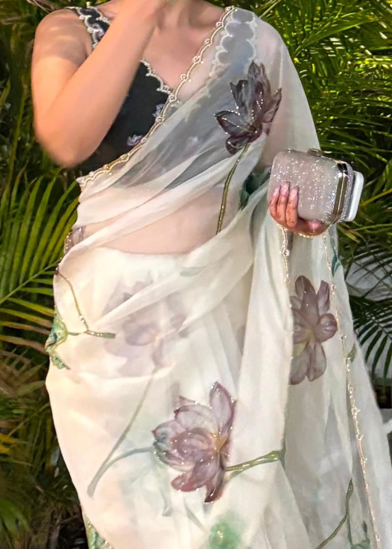 2043 ORGANZA BEAUTIFUL FLORAL PRINT CASUAL SAREE FOR WOMENS 