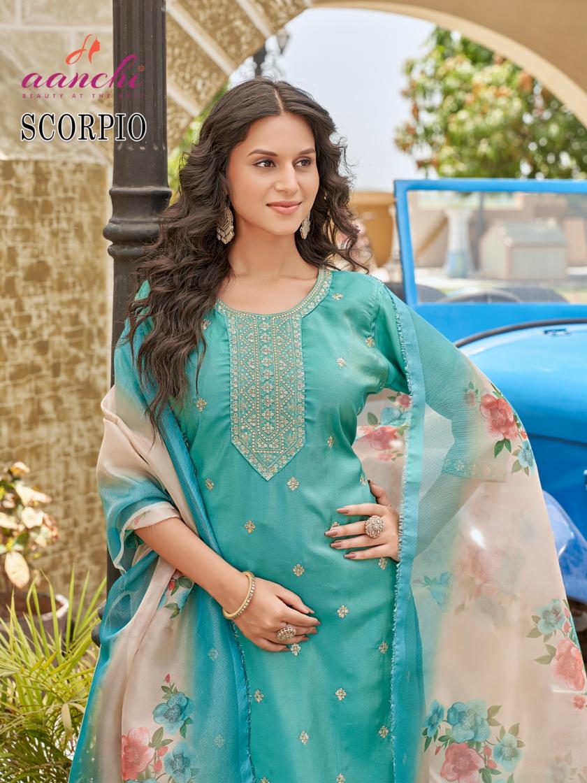 scorpio by aanchi designer roman shimmer fully stitch suit for ladies 