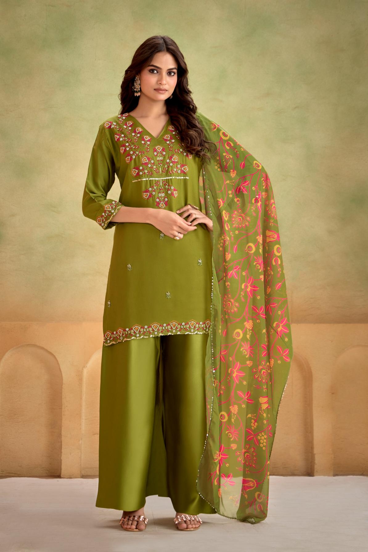 ARTRIDHS GAJI SILKS DESIGNER FULL STITCH COMBO PLAZZO 3PCS DRESS 