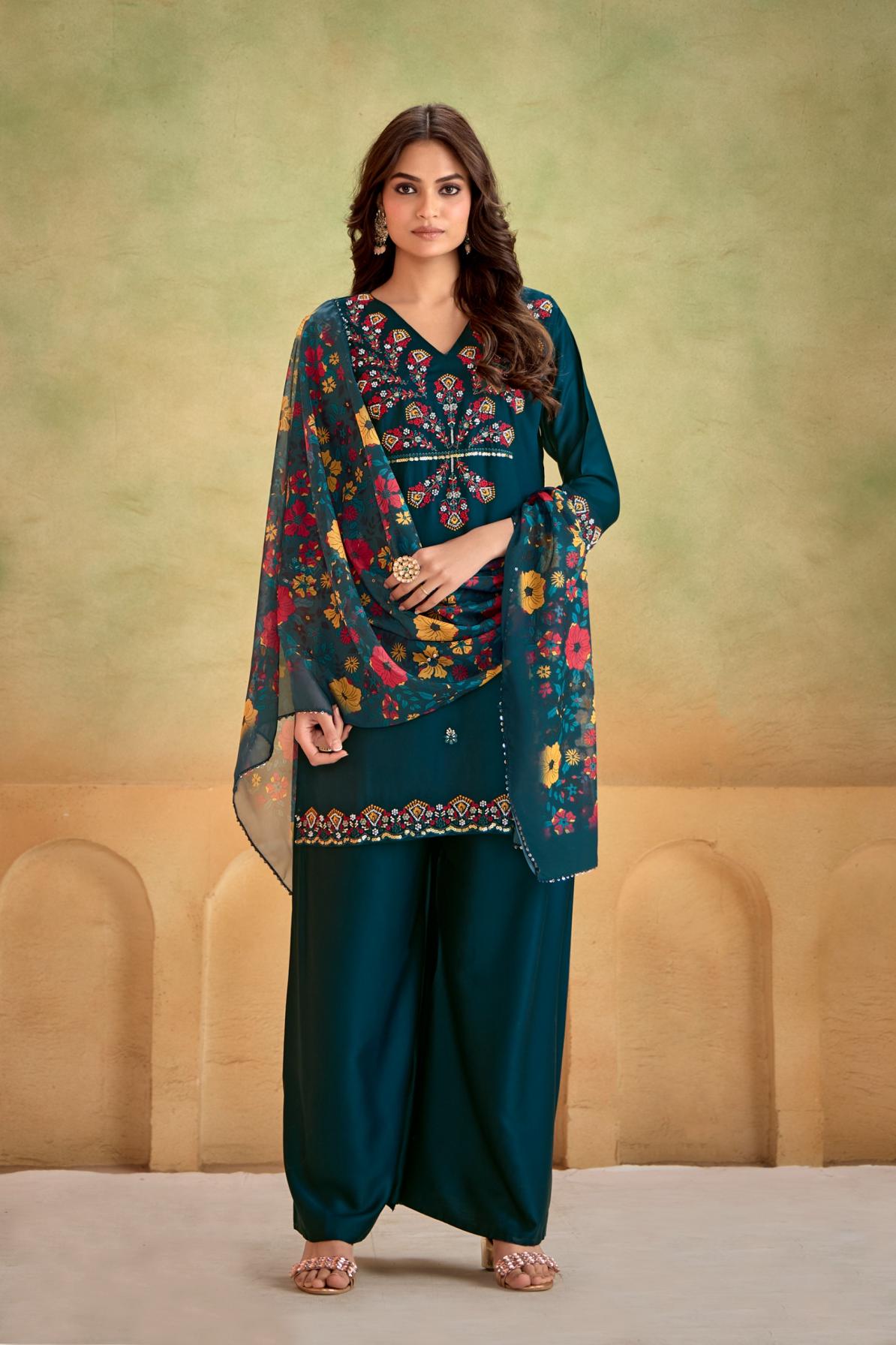 ARTRIDHS GAJI SILKS DESIGNER FULL STITCH COMBO PLAZZO 3PCS DRESS 