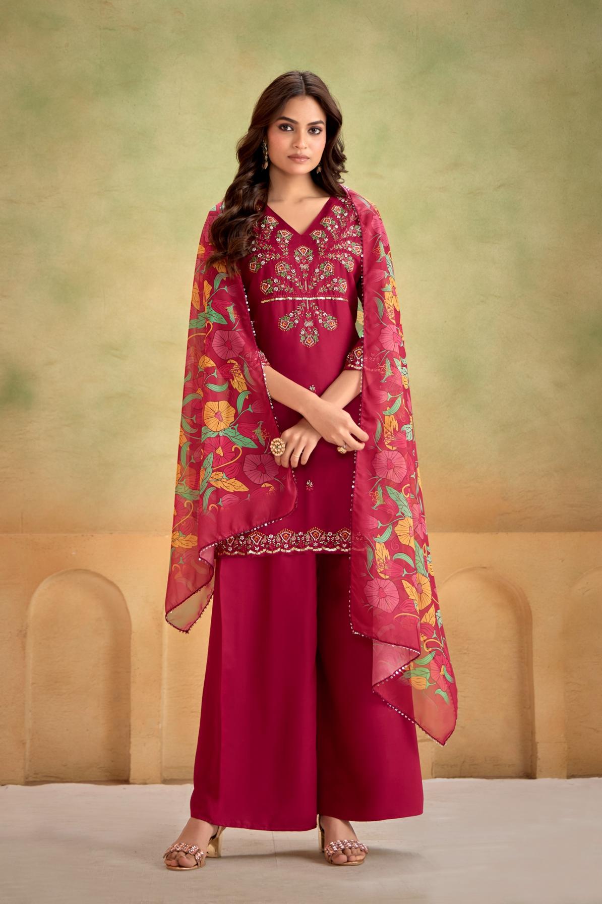 ARTRIDHS GAJI SILKS DESIGNER FULL STITCH COMBO PLAZZO 3PCS DRESS 